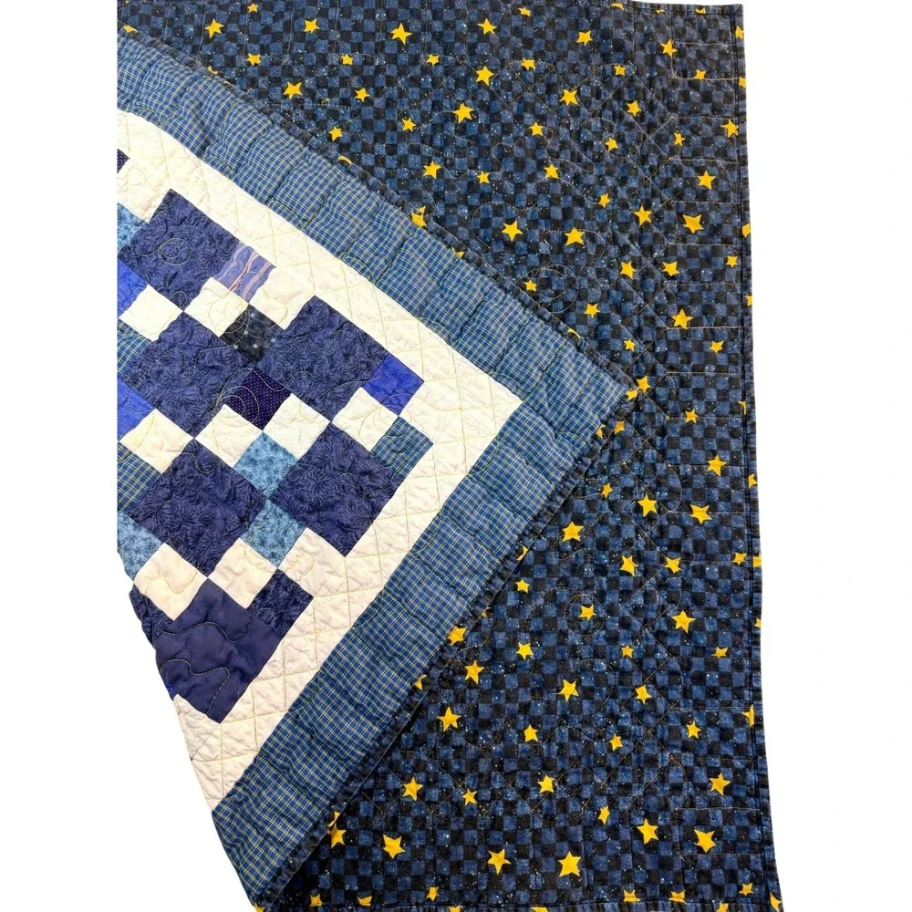 Vintage Handmade Patchwork Quilt 36x40 Celestial Reversible Farmhouse Americana
